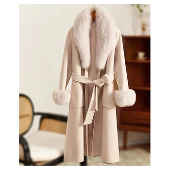 Skutočné Kožušinový Kabát Ženy 2021 Zimná Bunda Ženy Prírodné Fox Kožušiny Golier Cashmere Vlna Zmesi Dlho Vrchné Oblečenie Dámske Streetwear