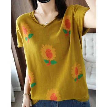 Čistá bavlna T-shirt 2021 letné nový štýl dámy tvaru pulóver voľné nadrozmerná vytlačené pletené-krátke rukávy topy Žena