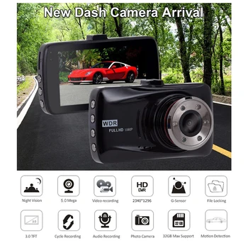 Dashcam HD1296P 3 Palcový 2.5 D Displej Duálny Objektív Zadnej Zobrazenie Slučky Nahrávanie Nočné Videnie Auto Fotoaparát Registrator Video Rekordér