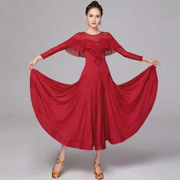 Moderné Tanečné Súťaže Šaty s Dlhým Rukávom Red/Black Valčík Tanečné Oblečenie Ballroom Dance Praxi Oblečenie latinskej Sukne DQL6224