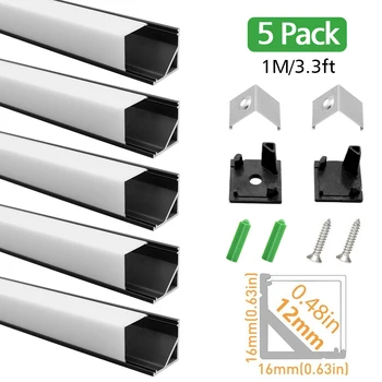 5Pack 3.3 ft/1m V01 LED Hliníkový Profil Black Silver V-Tvar pre 12mm 3528 5050 LED Panel Hliník Channel w/ Kryt zakončenie Klipy