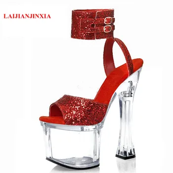 LAIJIANJINXIA Nový Crystal Platformu Klubov Queen Sexy Pól Tanečné Topánky 18 cm Super Vysoké Podpätky dámske Sandále