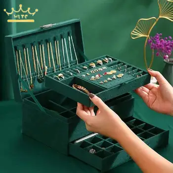 Retro Tmavo Zelená Semiš Tri Vrstvy, Šperky skladovací Box so Zásuvkami a Zámok Šperky Úložný Box