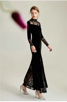 Elegantné Velvet Celebrity Šaty Dlhé Rukávy Vintage Ilúzie Morská Víla Black Strany Prom Šaty Výšivky Svadobné Šaty Hosť