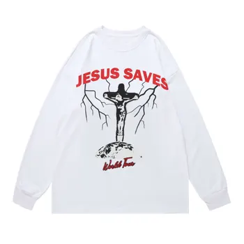 ZOTTSOZ T-Shirts Harajuku Bežné Mužov Ježiš Lightning Tlač Dlhý Rukáv Bavlna Tees Voľné Hip Hop Streetwear Gotický Tričko Topy