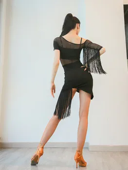 Black latinské Tanečné Šaty Krátke rukáv latinskej Tanca Strapec jeden kus odevu pre ženy, ženské Sála tango Cha Cha Rumba Kostýmy