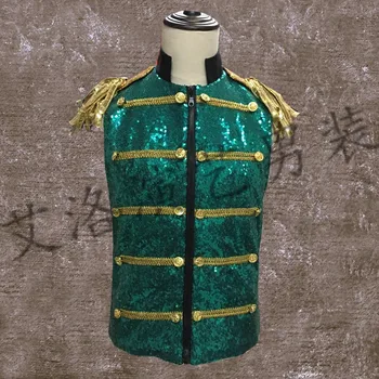Doprava zadarmo zelená plný flitrami lištovanie zlaté vintage vesta fáze výkonu flitrami vesta/môžu colné veľkosti zadarmo