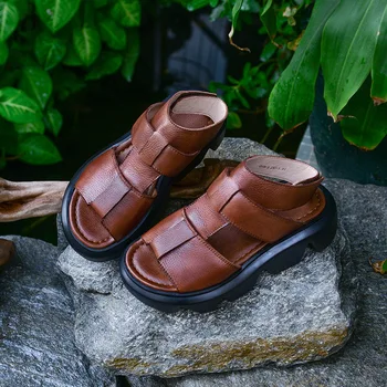 Johnature Dámske Topánky Sandále Na Platforme Pravej Kože 2021 Nové Letné Háku & Slučky Retro Bežné Kliny Ručné Dámy Sandále
