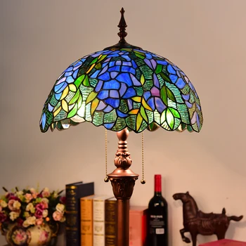 Európa retro štýle Tiffany vitráže hrozna poschodí lampa obývacia izba, spálňa štúdia stojaca lampa