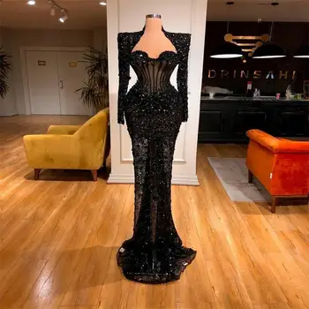 Luxusné Čierne Šaty Ples Dubaj Arábia Crystal Flitrami Korálky Večerné Šaty Na Zákazku Dlhé Rukávy Elegantné Glitter Party Šaty