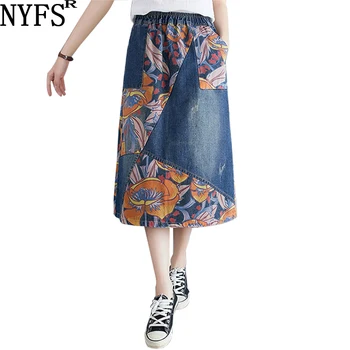 NYFS 2021 Nové Letné Žena Denim Sukne Vintage tlač dlhé sukne vintage džínsy ceruzku sukne