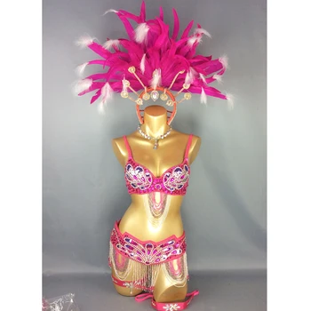 Doprava zadarmo horúce predaj Sexy Samba Rio Karneval Kostým handmde nové brušného tanca kostým s hot pink Pierko Hlavu kus