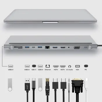 Tebe USB Typu C Rozbočovač Pre Dual 4k kompatibilný s HDMI USB3.0 USB2.0 Pd Plnenie VGA Audio Konektor RJ45 3,5 mm S Adaptérom