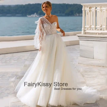 FairyKissy Sexy Svadobné Šaty Biele Appliques Korálkové Svadobné Šaty Jedno Rameno Tylu A-Line Princezná Svadobné Šaty Plus Veľkosť