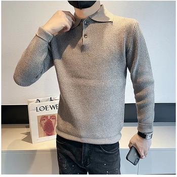 Zimné nové pánske pánske oblečenie obchodník štýl pure color bežné pletený sveter mládež klope slim-fit sveter mužov svetre mužov