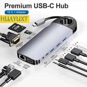 USB-C 10 v 1 Typ-C, USB 3.0, USB Hub 4K HD Notebook PD Plnenie /SD/TF Card Reader/RJ45 Adaptér pre MacBook Pro Dokovacej Stanice