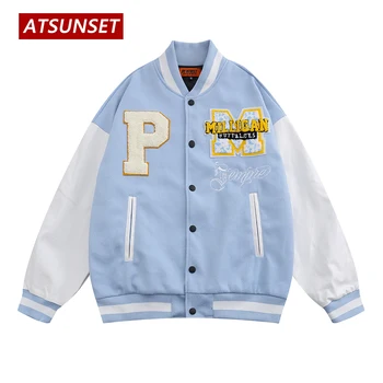 ATSUNSET Veľké Písmeno P. M Hip Hop Baseball Jacket Harajuku Retro Varsity Jacket Streetwear Módy Bavlnená Bunda Kabát Topy