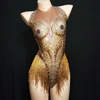 Ženy Tanečné Nosiť Žena Narodeniny Osláviť Jeden Kus Výkon Kostým Sexy Iskrivý Drahokamu Trikot Zlatý Strapec Kombinézu