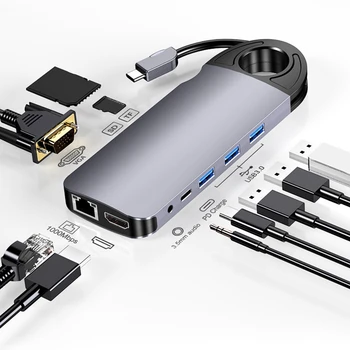 USB C Hub Dokovacej Stanice 10 v 1 4K@30Hz Kompatibilný s HDMI VGA PD 60W, USB 3.0, Gigabit RJ45 Viacportová Adaptér pre Notebook