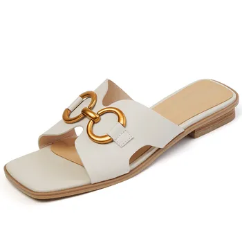 Dámske originálne kožené kovové pracky otvorené prst slip-on letné plážové sandále bežné mäkké pohodlné listov voľný čas denne topánky