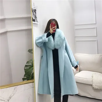 2021 kórejský voľné žien dlhá srsť vetrovka dovezené veľké fox kožušiny golier dvakrát čelil vlnené kabát nové módne reálne kožušinový kabát