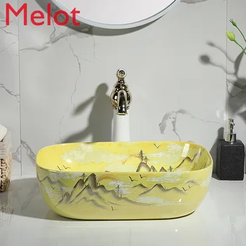 Keramické žltá umývadlo na javisku Čínsky umývadlo osobnosti tvorivý wc povodie povodie tvár povodí domácnosti umenie povodí