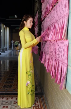 Vietnam tradičné Čínske šaty, sukne MIDI ručne maľované lotus 21 d dvojdielne retro kultiváciu dobrými mravmi