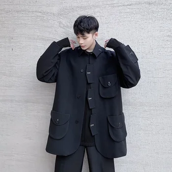 Pánske Komplety Multi-vrecko Sako Mužov Japonský Harajuku Streetwear Vintage Módy Voľné Bežné Vyhovovali Kabát Blejzre Muž