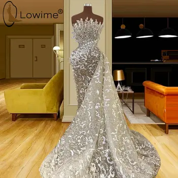 Dubaj Luxusné Kryštály Čipky Večerné Šaty 2021 Sexy Ilúzie Perly Dlho Prom Party Šaty na Svadby Zákazku Formálne Župan