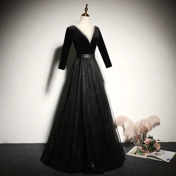 AnXin SH princezná black velvet večerné Šaty vinobranie v krku ilúziu, iskrivý polovičný rukáv riadok čiernej čipky večerné šaty