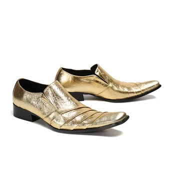 Móda Zlato Mužov Formálne Topánky Pravej Kože Štvorcové Prst Pošmyknúť Na Klasické Obchodné Mužov Šaty Oxford Topánky Sapatos Masculino