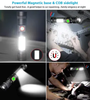 USB Nabíjateľná Baterka Super Svetlé Magnetické LED Baterkou s Klasu Sidelight Zoomovateľnom Pre Vonkajšie Noc Camping Práce