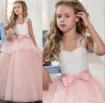 2021 Biele Čipky Ružový Kvet Dievča Princezná Šaty plesové Šaty Svadobné Party Dievčatá Šaty s Lukom Krídla
