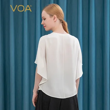 VOA Originálny Dizajn Biela Žena Tshirts okolo Krku Šál-štýl Rozstrapatené Päť-bod Rukávy Voľné 30 m/m Hrubé Hodváb T-shirt BE199
