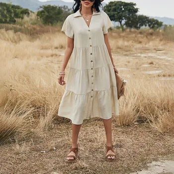 Letné 2021 Singel svojim Tričko Šaty Vintage tvaru Ríše Dámy Frocks pre Ženy Bežné Polovici teľa Krátky Rukáv Šaty Vestido