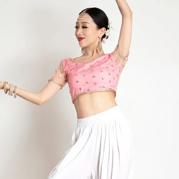 Indický Topy Dospelé Samice Krátkym Rukávom Ružové Tričko, Brušný Tanec Praxi Oblečenie Orientálnej Tanečnej Scény Výkon Oblečenie 2021 Nové