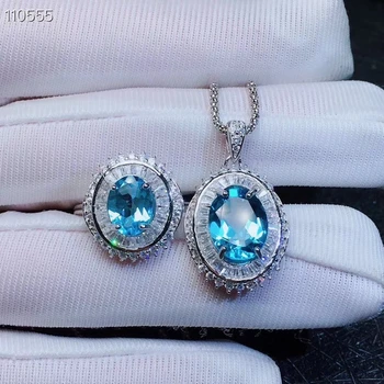 Prírodné blue topaz drahokam šperky sady prírodný drahokam Prívesok, prsteň 925 silver Luxusné veľké kolo ženy, svadobné Office šperky