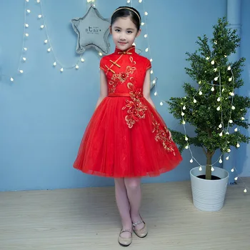 Dievča Čipky Princezná Šaty Čínskej Tradičnej Deti Cheongsam Deti Materskej Školy Tanca Červené Kvety Qipao Nový Rok Party Šaty
