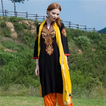 Indické Šaty Kurti pre Ženy Bavlna, Vyšívané Dlhá Blúzka Čierna Indiana Šaty pre Ženy, Kurtis India Kurta Pakistanskej Šaty