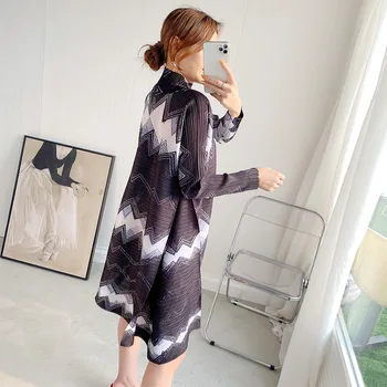Issey Miyake dizajnér žien skladaný šaty letné nový half-vysoký golier vytlačené skladaná sukňa