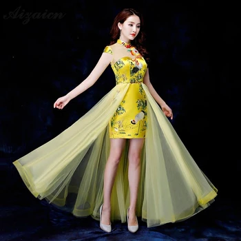 Žltá Priadza Sukne Femme Slim Výšivky Cheongsam Moderné Elegantné Šaty Qi Pao Ženy Čínsky Večerné Šaty Qipao Podpora Župan