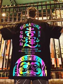 Nadrozmerná Ulici Hiphop-Krátke rukávy T-shirt pánske Módne Reflexná Potlač Veľkosť Trend Páry Lete