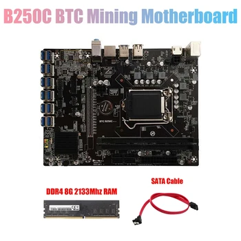 B250C BTC Ťažba Doske+SATA Kábel+DDR4 8G 2133Mhz RAM 12XPCIE na USB3.0 Slot GPU LGA1151 základnej Doske Počítača