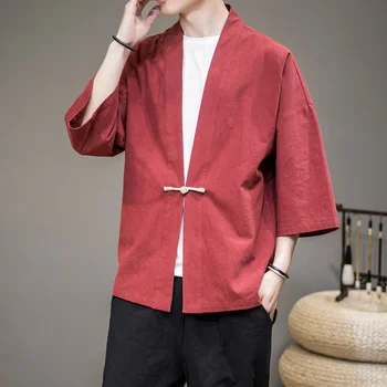 Muži Bavlnená Posteľná Bielizeň Kimono Cardigan Mužov Šaty Japonské Tradičné Bežné Bundy Yukata 2021 Lete Ázijské Streetwear Haori V2214