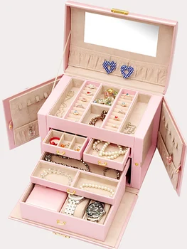 Kožené Šperky Box Úložný Organizátor Prípade Náušnice Displej Dreva Multi Layer Šperky skladovací Box so Zámkom, Svadobné Darčeky