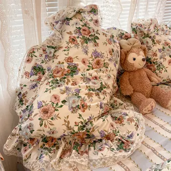 Pastorálna kvet posteľná bielizeň nastaviť,romantické francúzsky kvetinová čipka volánikmi bavlna plná kráľovná bytový textil posteľ list vankúš deka kryt