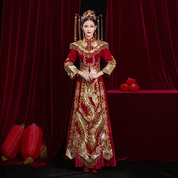 FZSLCYIYI Nádherné Výšivky Phoenix Čínskej Tradičnej Nevesta Svadobné Šaty Žena Dragon Šaty Slim Cheongsam Večerné Šaty