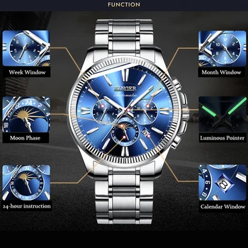 BINGER Modré Hodinky Mužov Luxusné Značky Automatické Mechanické Hodinky Sapphire náramkové hodinky Fázy Mesiaca relogio masculino Muži Hodinky