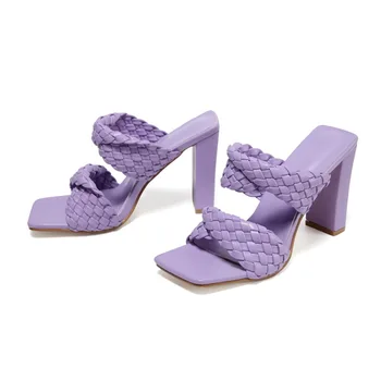 Nové Letné Módny Dizajn, Výplet Ženy Sandále na Vysokom opätku Dámy Sandále Otvorené Prst Topánky Farebné Candy Farby Sweet Purple Nuda