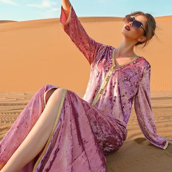 Elegantné Moslimských Žien Velvet Dlhé Šaty Luxusnej Párty Šaty Drahokamu Arabčina Abaya Islamskej Jalabiya Blízkom Východe Kaftane Marockej
